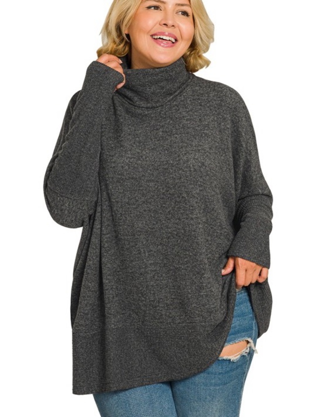 NWT Zenana Plus Black BRUSHED MELANGE HACCI TURTLENECK SWEATER